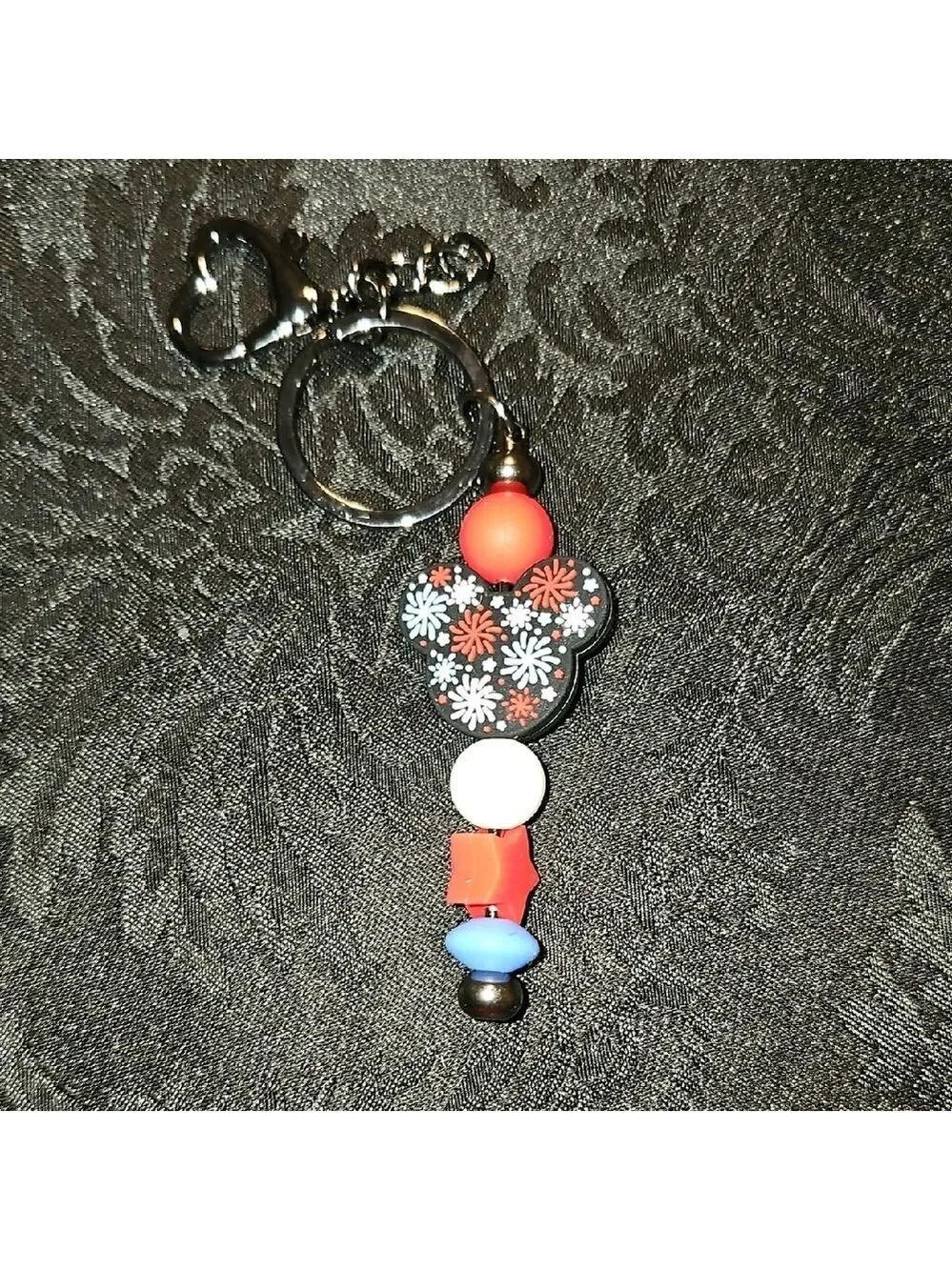 Handmade Red and Blue Beaded Keychain With A Firework Mickey